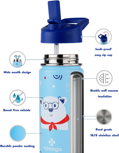 Skiennix 16 oz Stainless Steel Insulated Kids Water Bottle - Leak Proof Thermal Flask with Straw Lid | Cute Blue Bear Design for School
