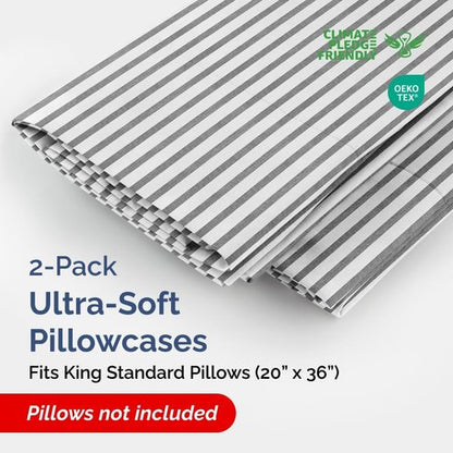 King Standard Pillow Cases - Ultra-Soft Hotel Quality Covers | Fade-Resistant & Wrinkle-Free | Grey Stripes - Set of 2