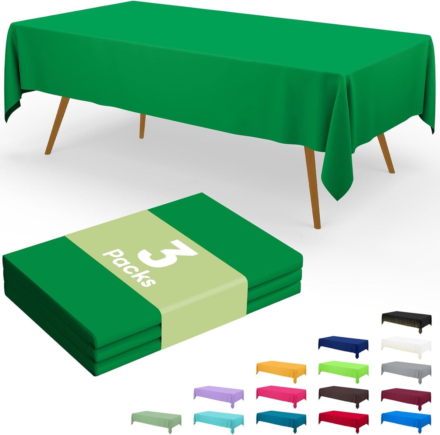Smiry Disposable Tablecloths - 54 x 108 Inch Waterproof Plastic Covers | Green Decorative 3-Pack for Parties & Picnics