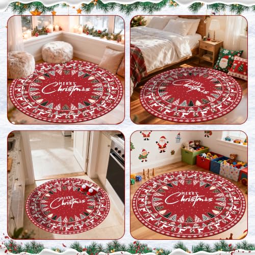 Christmas Round Area Rug 5ft Non-Slip Xmas Tree Carpet - Reindeer Red Variation