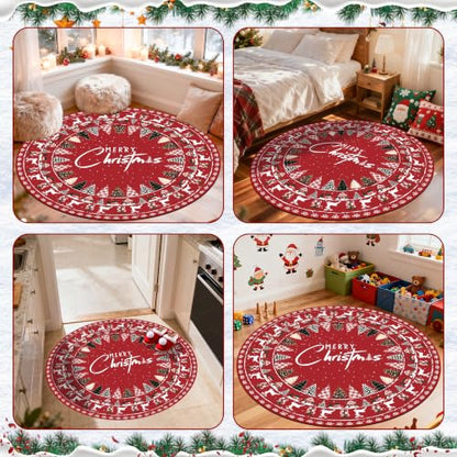 Christmas Round Area Rug 5ft Non-Slip Xmas Tree Carpet - Reindeer Red Variation