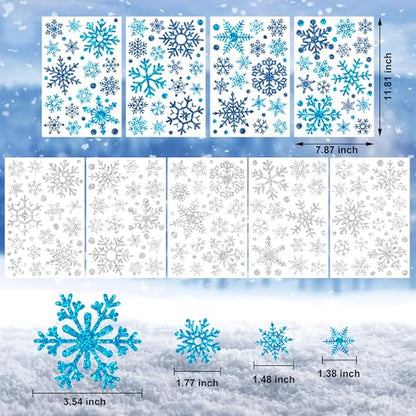 9 Sheets Glitter Snowflake Window Clings for Christmas Holiday Decor - Blue & Silver