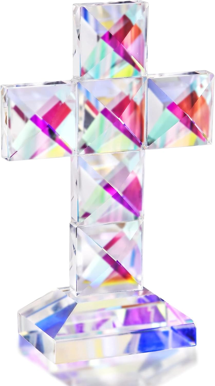 QFkris Crystal Cross Figurine - 5'' Tall Traditional Glass Craft for Memorial Gifts & Christian Decor