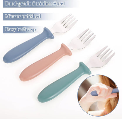 Pimoys 6-Pack Stainless Steel Toddler Forks - Safe Self-Feeding Utensils with Plastic Handles