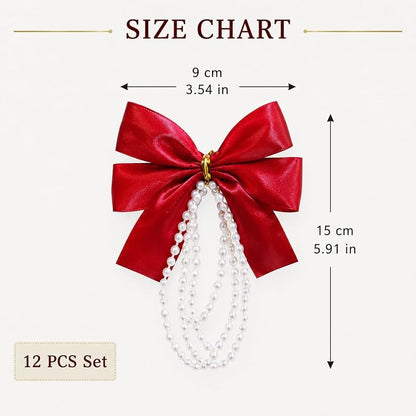 Pearl-Trimmed Red Satin Christmas Ornament Bow Set, 12 Pieces