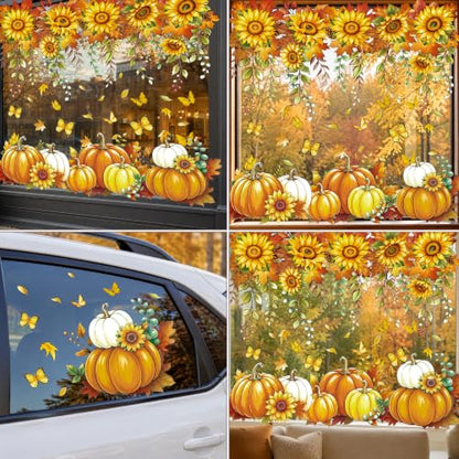 Fall Window Clings Pumpkin Sunflower Decor 8 Sheets Autumn Glass Stickers