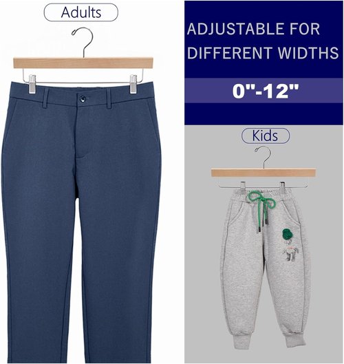 Amber Home 24-Pack Wooden Pants Hangers with Adjustable Clips - Ideal for Jeans, Slacks, and Shorts