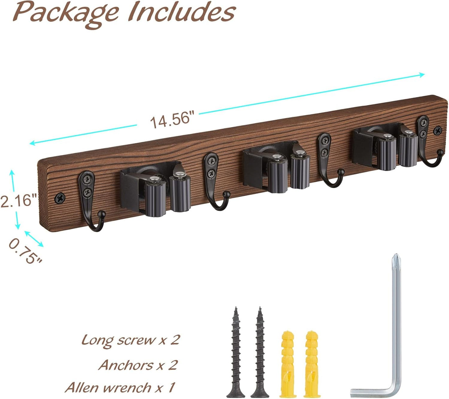 OUTNILI Mop Broom Holder Wall Mount - 2 Pack with 3 Slots & 4 Hooks for Kitchen Organization | Rustic Wood Design