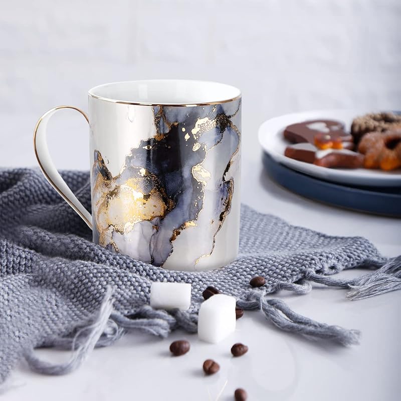 Marble Gold 14 oz Ceramic Coffee Mug - Gift Gift for Women, Black & Gold Marble