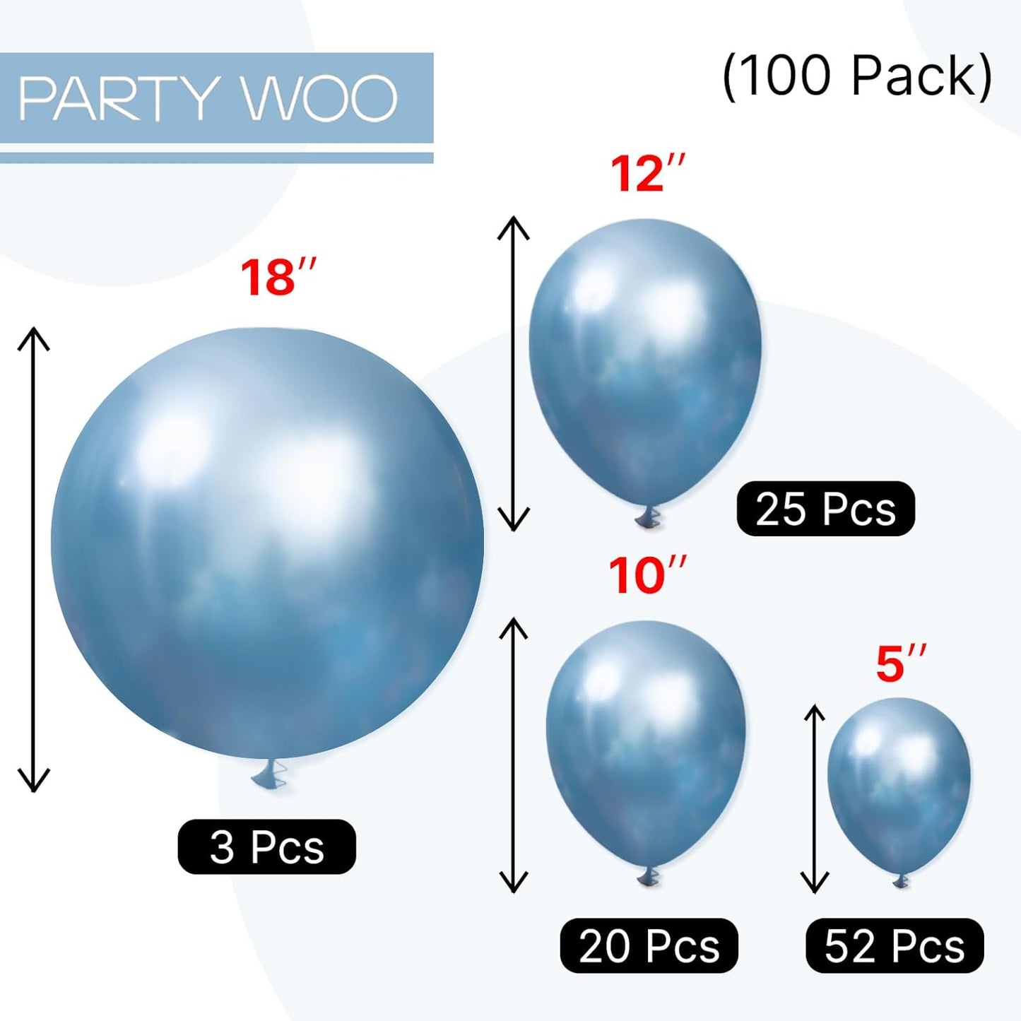 PartyWoo Metallic Light Blue Balloons - 100 Pcs Latex Balloon Arch Kit for Graduation & Baby Shower | 5-18 Inch Sizes