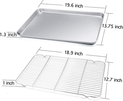 TeamFar Baking Sheet Set - Stainless Steel Half Size Cookie Sheet with Cooling Rack, 20” x 14” x 1”, Non-Toxic & Dishwasher Safe