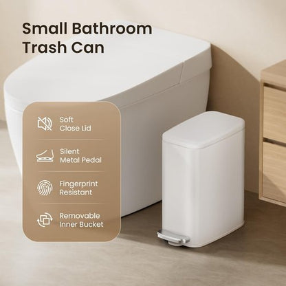 Cesun Slim Bathroom Trash Can - 6L Stainless Steel Wastebasket with Soft Close Lid & Foot Pedal | White
