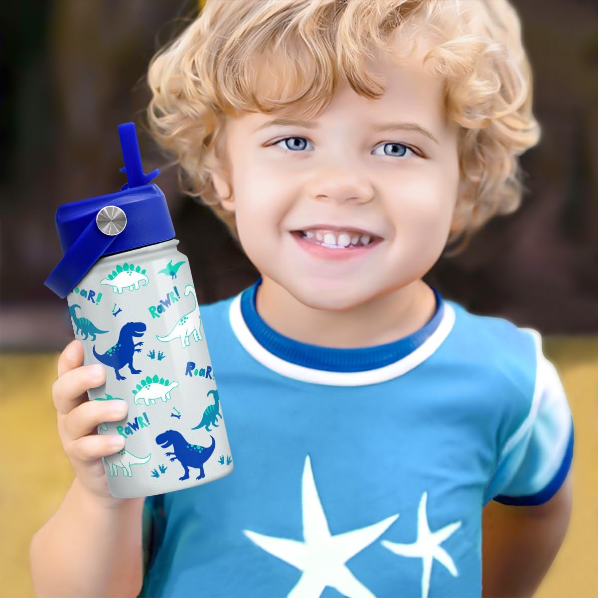 SANDJEST Dinosaur Insulated Stainless Steel Water Bottle - 12 oz Thermos for Kids & Teens | Perfect for School & Sports