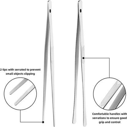 ChefBee Kitchen Cooking Tongs - 12" Stainless Steel Precision Tweezers with Serrated Tips for Culinary Use