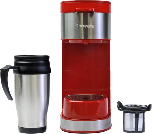 Kenmore Single Serve Coffee Maker - Compatible with Keurig K-Cup Pods & Ground Coffee | Travel Mug Friendly, Auto Shut-Off, Red