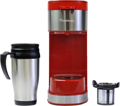 Kenmore Single Serve Coffee Maker - Compatible with Keurig K-Cup Pods & Ground Coffee | Travel Mug Friendly, Auto Shut-Off, Red