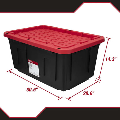 MioeDi 27 Gallon Stackable Storage Bins - Snap Lid Containers in Black with Red Lids | Set of 4