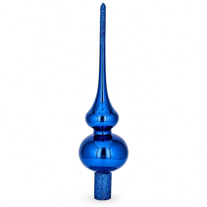 Glossy Blue Glass Christmas Tree Topper 11 Inches with Sparkling Finish