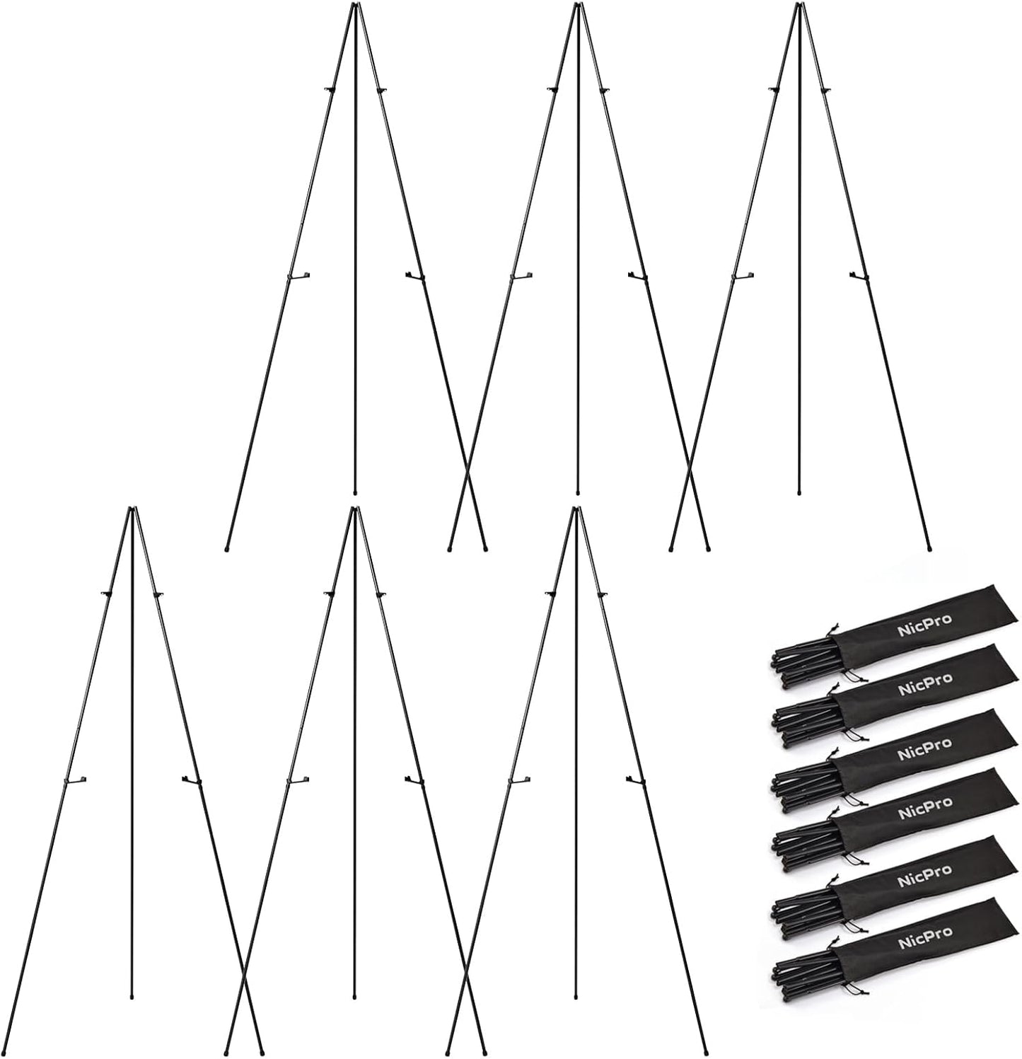 Nicpro Art Folding Easels - 63-Inch Metal Tripod Display Stands, 6 Pack with Carry Bag - Black Collapsible