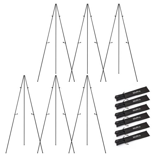 Nicpro Art Folding Easels for Display, 6 Pack 63 Inches Metal Floor Easel Stand Bulk Tripod Black Collapsible for Sign Artist Poster Wedding | with Carry Bag