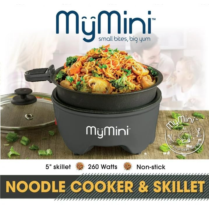 MyMini 5-inch Noodle Cooker & Skillet Electric Hot Pot, Compact Non-Stick Appliance for Ramen, Pasta, Stir Fry, Eggs, Pancakes, Dorms, RVs, Portable with Cool-Touch Handle & Preheat Indicator