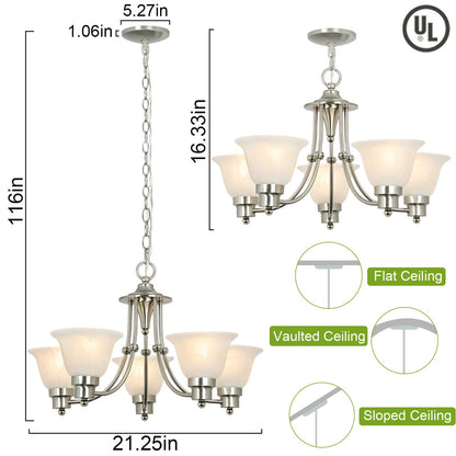 Depuley 5-Light Modern Chandelier Light Fixtures, 21" Contemporary Chandelier Brushed Nickel with Glass Shade, Adjustable Ceiling Hanging Pendant Lighting for Dining Room, E26 LED Bulbs (Not Included)