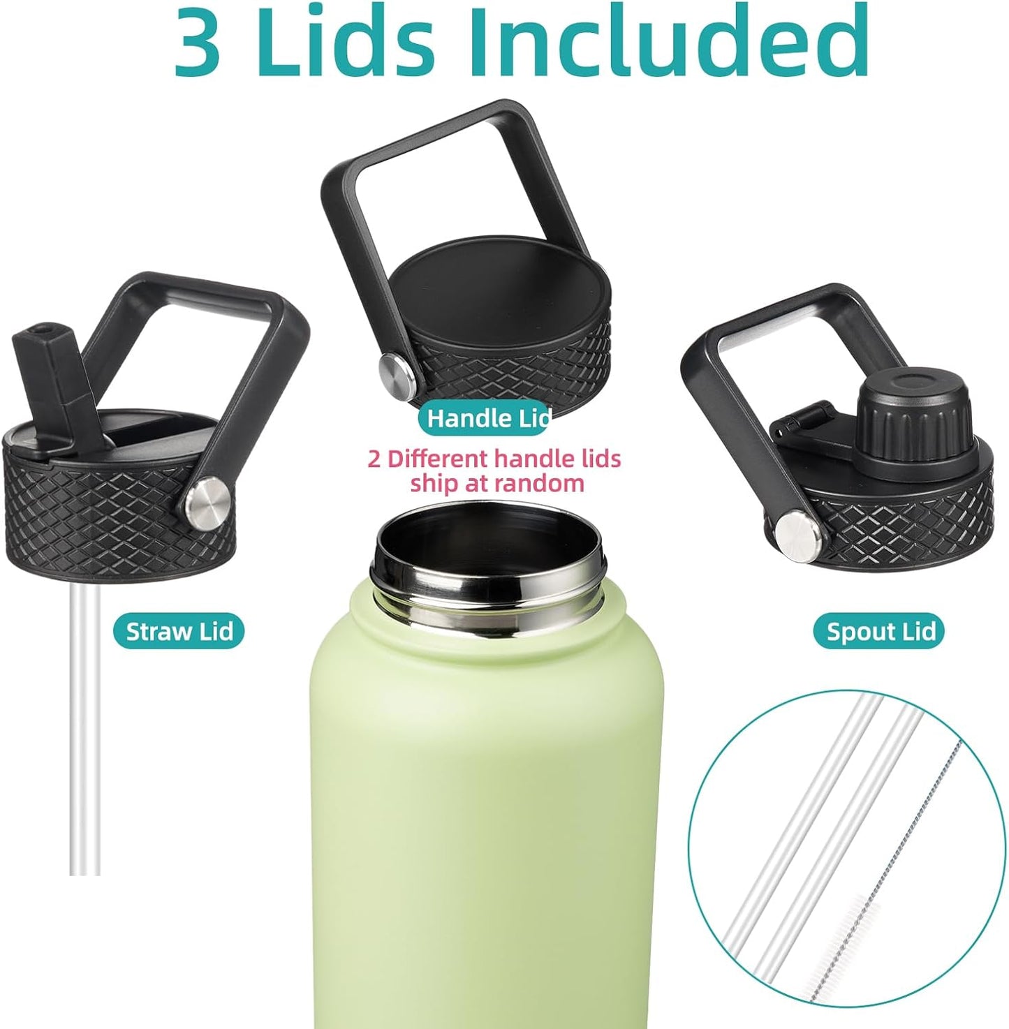 Skiennix 32 oz Insulated Stainless Steel Water Bottle - Sport Bottle with 3 Lids | Macaron Green