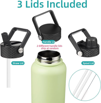 Skiennix 32 oz Insulated Stainless Steel Water Bottle - Sport Bottle with 3 Lids | Macaron Green