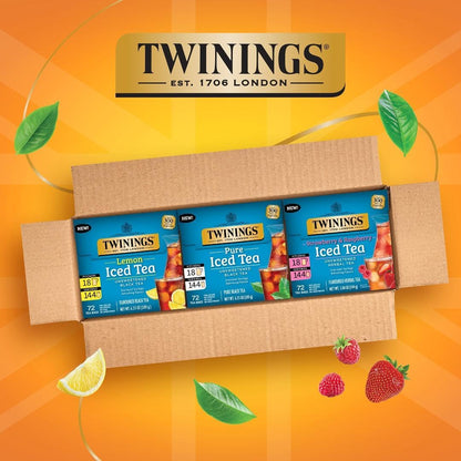 Twinings Iced Tea Variety Pack - 3 Flavors (Black, Lemon Black, Strawberry & Raspberry) | 72 Count, Unsweetened, Caffeinated