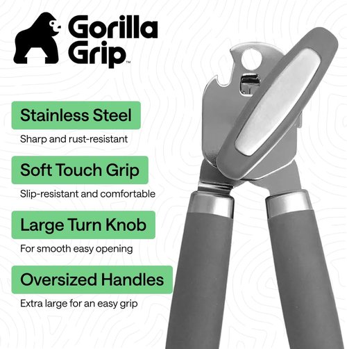 GORILLA GRIP Heavy Duty Can Opener - Stainless Steel, Comfortable Handle, Oversized Knob | Gray