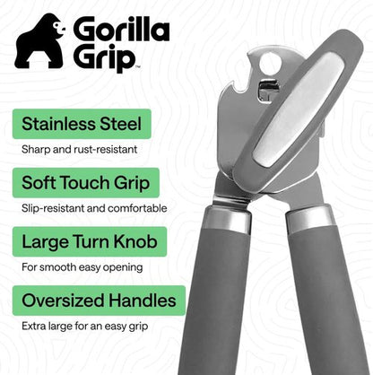 GORILLA GRIP Heavy Duty Can Opener - Stainless Steel, Comfortable Handle, Oversized Knob | Gray