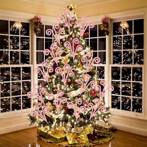 Christmas Candy Cane Picks Set - Pink & White Felt Tree Ornaments, 12 Pack