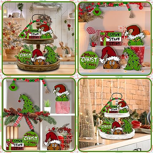 Christmas Tiered Tray Decor Set - Farmhouse Holiday Wooden Signs & Garland