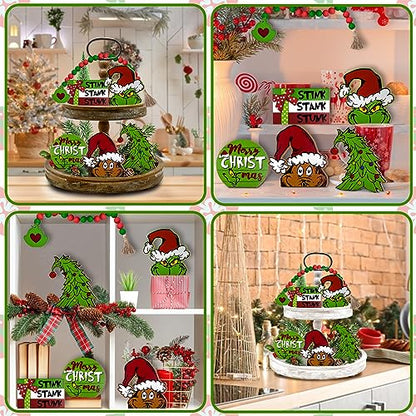 Christmas Tiered Tray Decor Set - Farmhouse Holiday Wooden Signs & Garland
