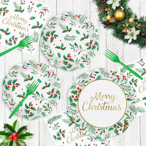 Christmas 96-Piece Disposable Tableware Set with Plates Napkins Forks - Holly Leaves Red Berries, Party Supplies, Variation: Christmas-96p