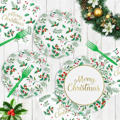 Christmas 96-Piece Disposable Tableware Set with Plates Napkins Forks - Holly Leaves Red Berries, Party Supplies, Variation: Christmas-96p