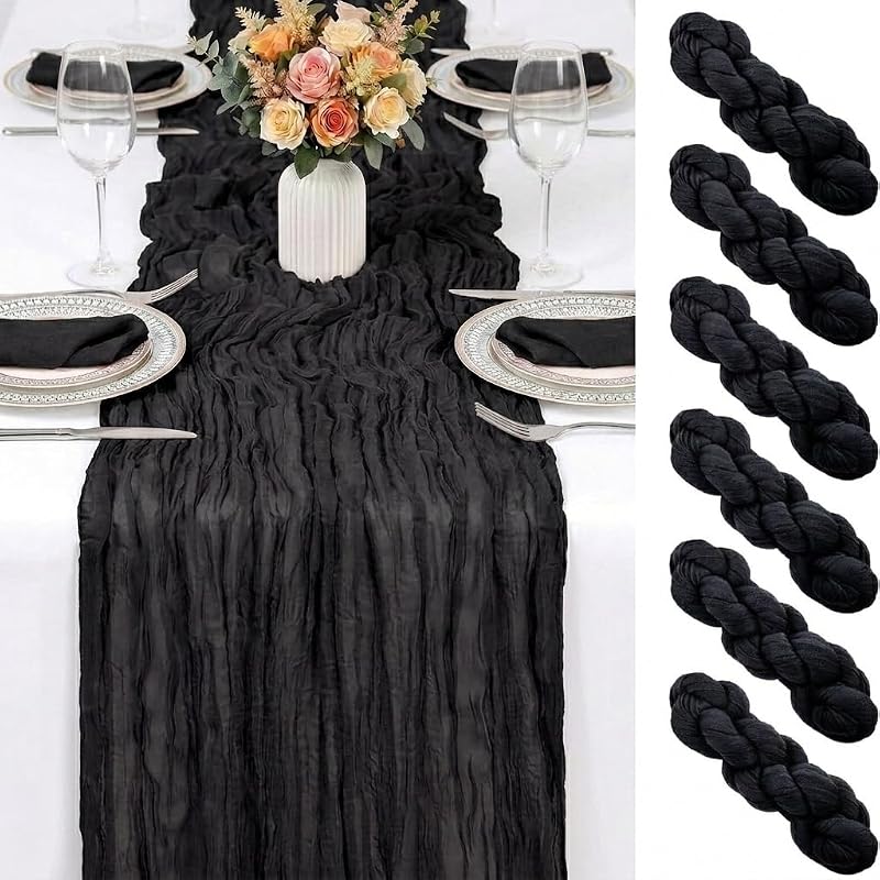 6 Pack Black Cheesecloth Table Runner 17x108 - Semi Sheer Boho Gauze for Wedding, Party & Baby Shower (Variation: Black)