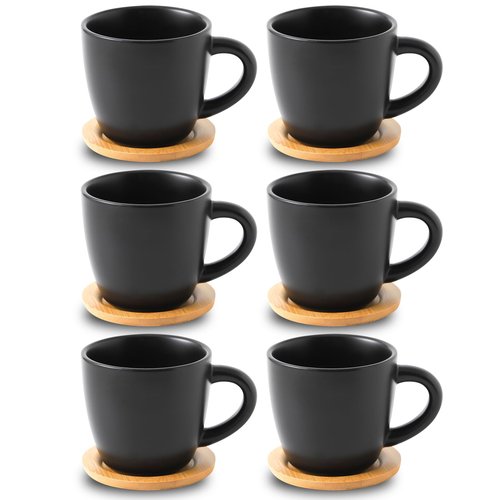 Hasense 8 oz Cappuccino Cups with Saucers set of 6, Porcelain Coffee Mugs Latte Mugs with Handle Perfect for Double Shot, Americano, Milk and Tea, Black