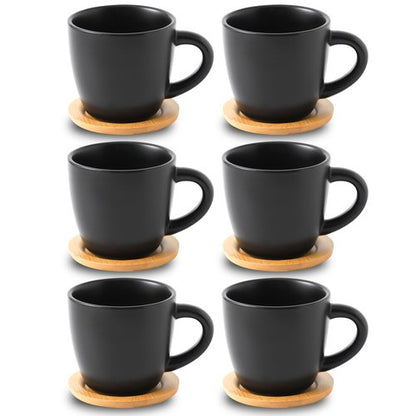 Hasense 8 oz Cappuccino Cups with Saucers set of 6, Porcelain Coffee Mugs Latte Mugs with Handle Perfect for Double Shot, Americano, Milk and Tea, Black