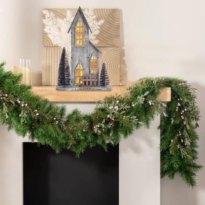 Skiennix Wooden Christmas Village House - LED Lighted Tabletop Decor with Tree | Winter Holiday Centerpiece (Style A)