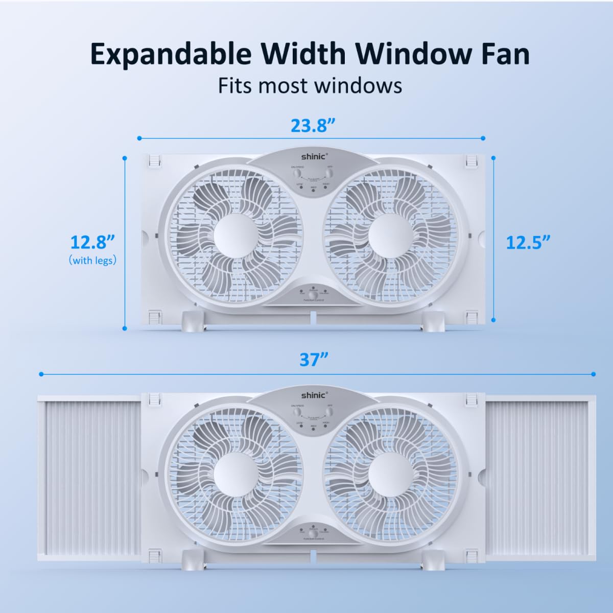 shinic Window Fan with Reversible Airflow Quiet, Twin 9" Blades, Full Remote Control, 3 Functions-3 Speeds, Bathroom Kitchen Window Exhaust Fan, Width Adjustable (From 23.5" to 37") ETL Certified