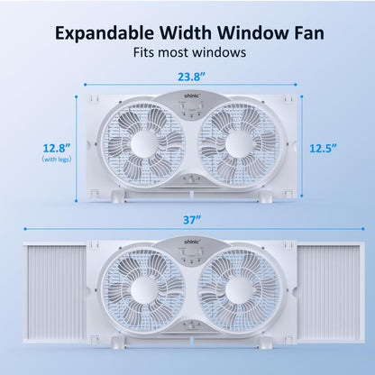 shinic Window Fan with Reversible Airflow Quiet, Twin 9" Blades, Full Remote Control, 3 Functions-3 Speeds, Bathroom Kitchen Window Exhaust Fan, Width Adjustable (From 23.5" to 37") ETL Certified