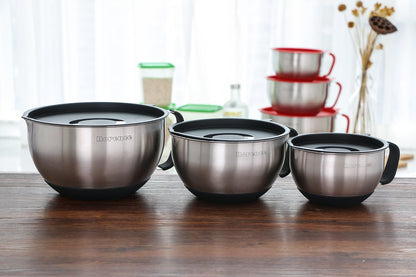 Rorence Stainless Steel Mixing Bowls - Non-Slip Design With Pour Spout, Handle & Lid | Set of 3, Black