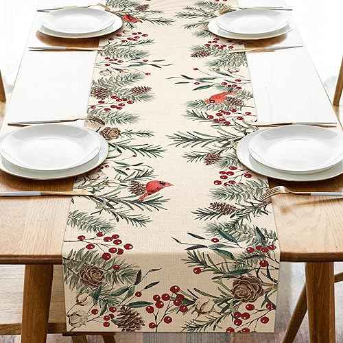 Seliem Winter Pine Needle Branches Table Runner, Pine Cone Cardinal Red Birds Berry Farmhouse Kitchen Dining Table Decor, Christmas Holiday Home Decoration Indoor Outdoor Party Supply 13 x 72 Inches