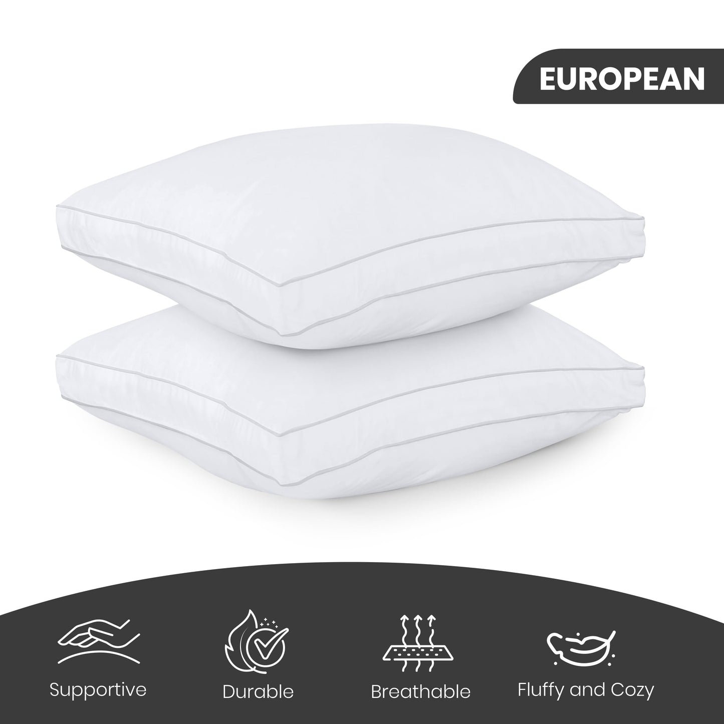 Utopia Bedding Bed Pillows for Sleeping European Size (White), Set of 2, Soft & Fluffy Pillow with Down Alternative Filling, Cooling, Hotel Quality, Gusseted Pillow for Back, Stomach or Side Sleepers