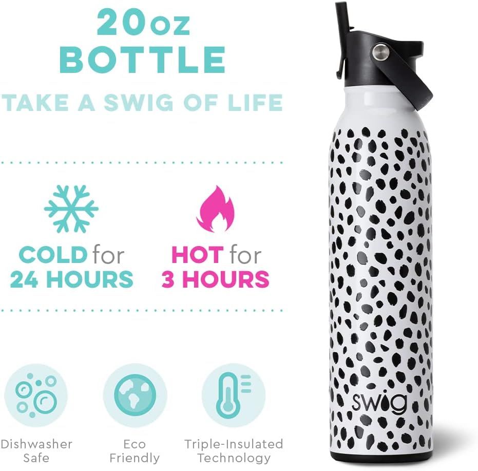 Swig Life 20oz Insulated Water Bottle - Travel-Friendly Design with Straw & Lid | Stainless Steel (Spot On)