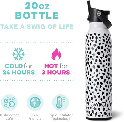 Swig Life 20oz Insulated Water Bottle - Travel-Friendly Design with Straw & Lid | Stainless Steel (Spot On)