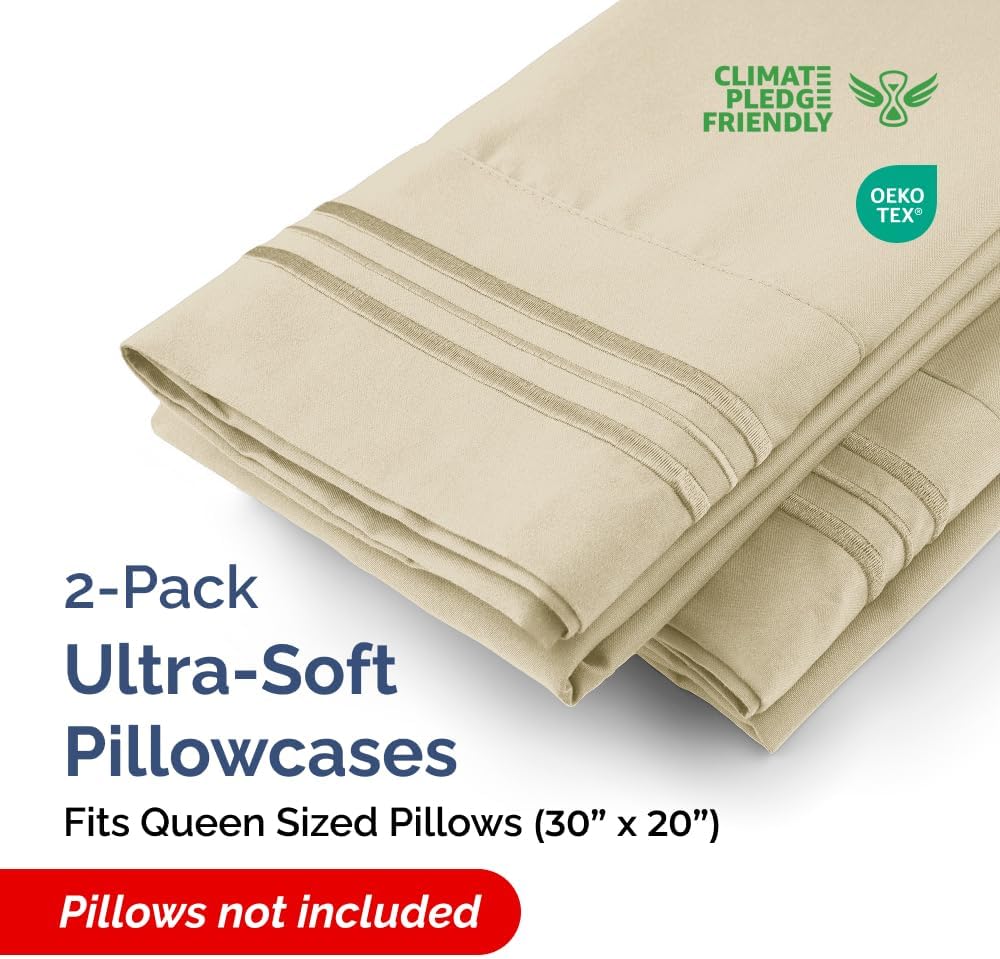 Skiennix Queen Pillow Cases Set of 2 | Ultra Soft Hotel Quality, Wrinkle-Free & Fade Resistant - Cream