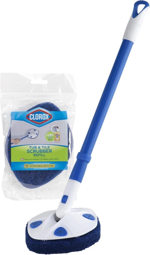 Clorox Extendable Tub & Tile Scrubber - Heavy Duty Bathroom Cleaning Brush with Pivoting Head & Refill Pad