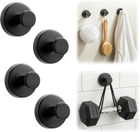 Skiennix Upgraded Suction Cup Hooks - Heavy Duty Bathroom Towel & Loofah Holders | 4 Pack, Black